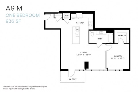Floor plan for 1 bed, 1 bath, 936 sqft